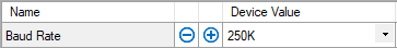 The baud rate parameter with the value set to 250K.