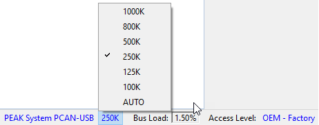 The list of baud rates displayed by clicking the baud rate in the status bar.